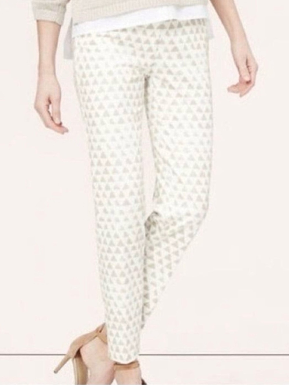 Ann Taylor LOFT Cream Chinos with Tan Triangle Pattern Julie Crop Pants